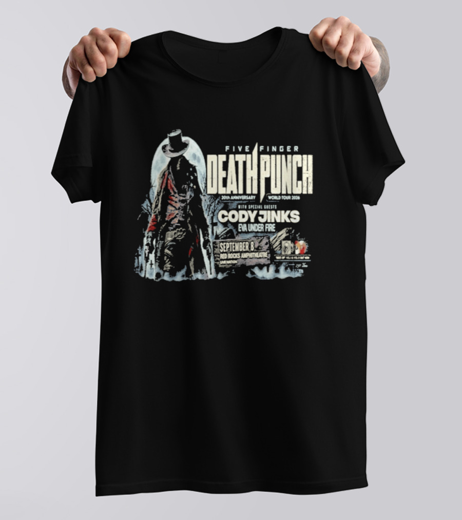 Five Finger Death Punch Red Rocks 20th Anniversary 2026 Cody Jinks Special Guest Denver CO T-Shirt