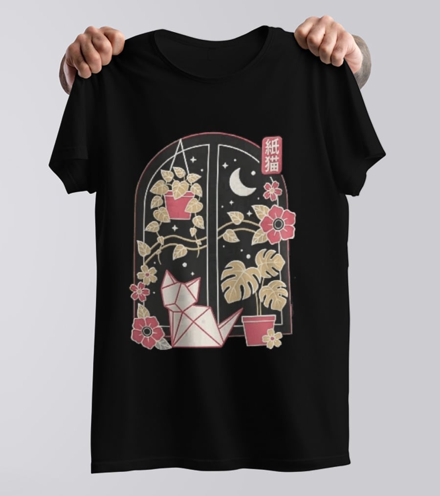 Kami Neko Origami Cat Crescent Moon Japanese Garden Scene T-Shirt