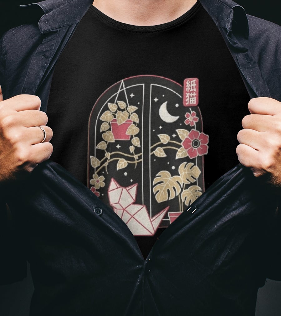 Kami Neko Origami Cat Crescent Moon Japanese Garden Scene T-Shirt