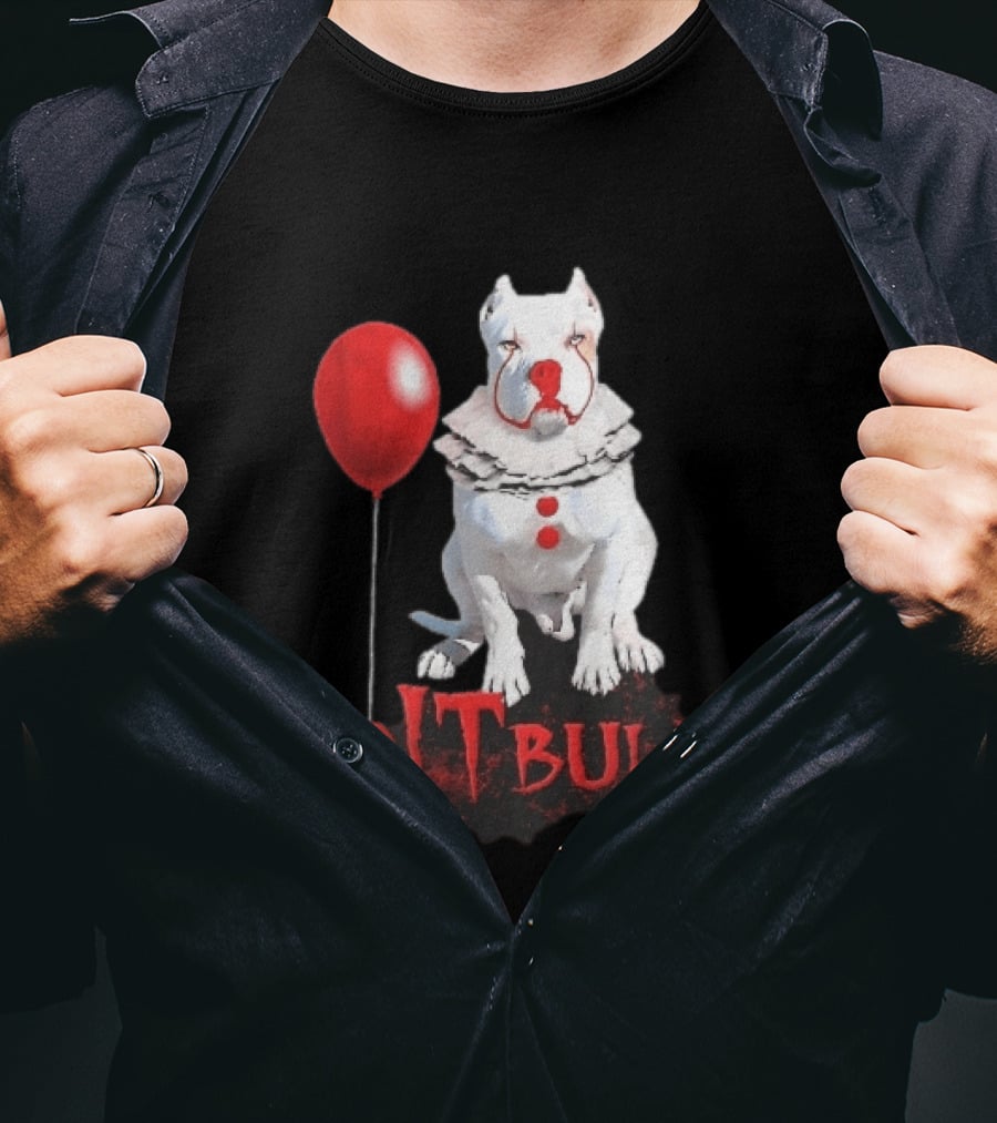 Pitbull Dog Pennywise Clown Red Balloon Distressed White T-Shirt