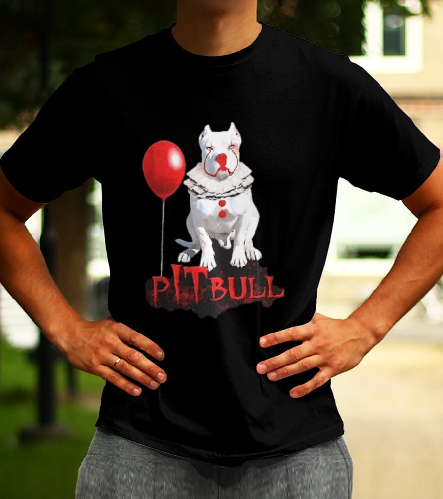 Pitbull Dog Pennywise Clown Red Balloon Distressed White T-Shirt