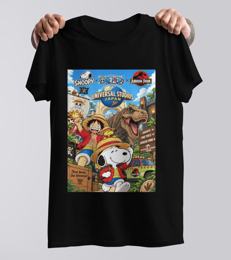 Snoopy One Piece Jurassic Park Universal Studios Japan Three Worlds One Adventure T-Shirt