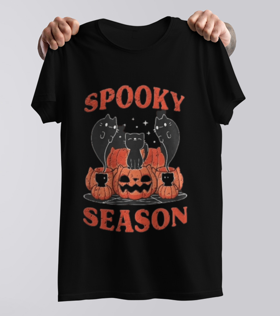 Spooky Season Black Cats Jack O Lantern Pentagram Cartoon T-Shirt