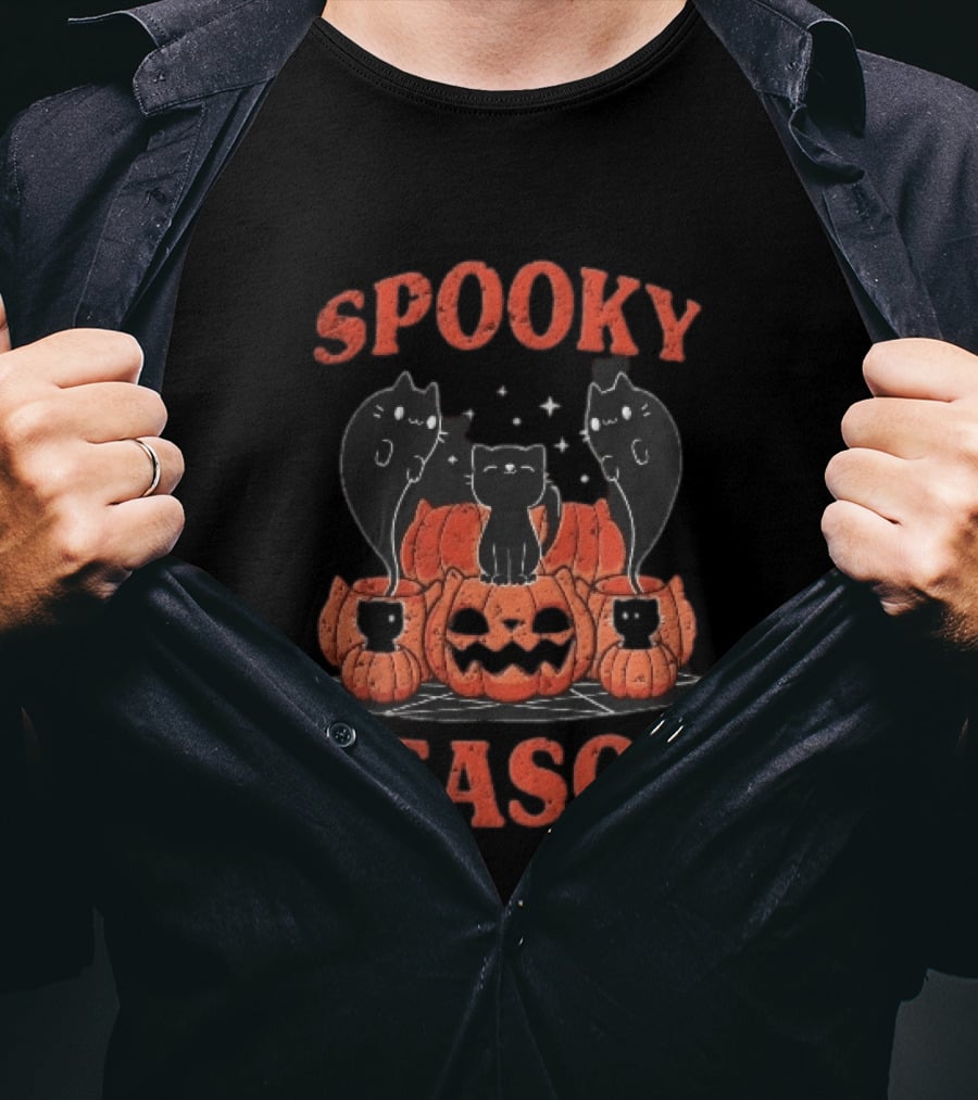 Spooky Season Black Cats Jack O Lantern Pentagram Cartoon T-Shirt
