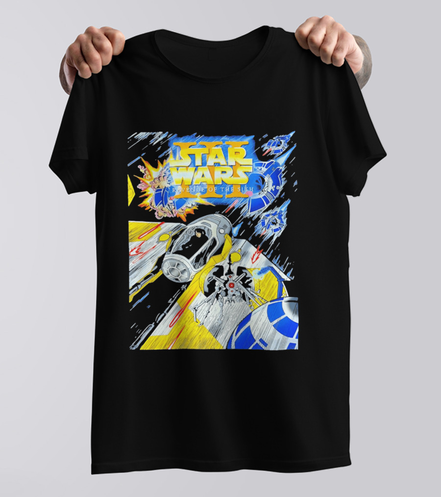 Star Wars Revenge Of The Sith Galactic Battle Artwork Featuring Anakin Skywalker And Iconic Droid Spaceships T-Shirt