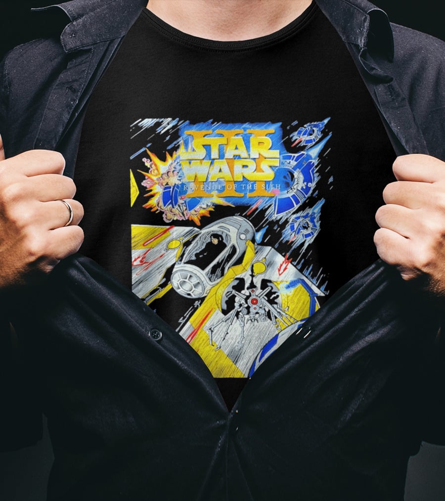 Star Wars Revenge Of The Sith Galactic Battle Artwork Featuring Anakin Skywalker And Iconic Droid Spaceships T-Shirt