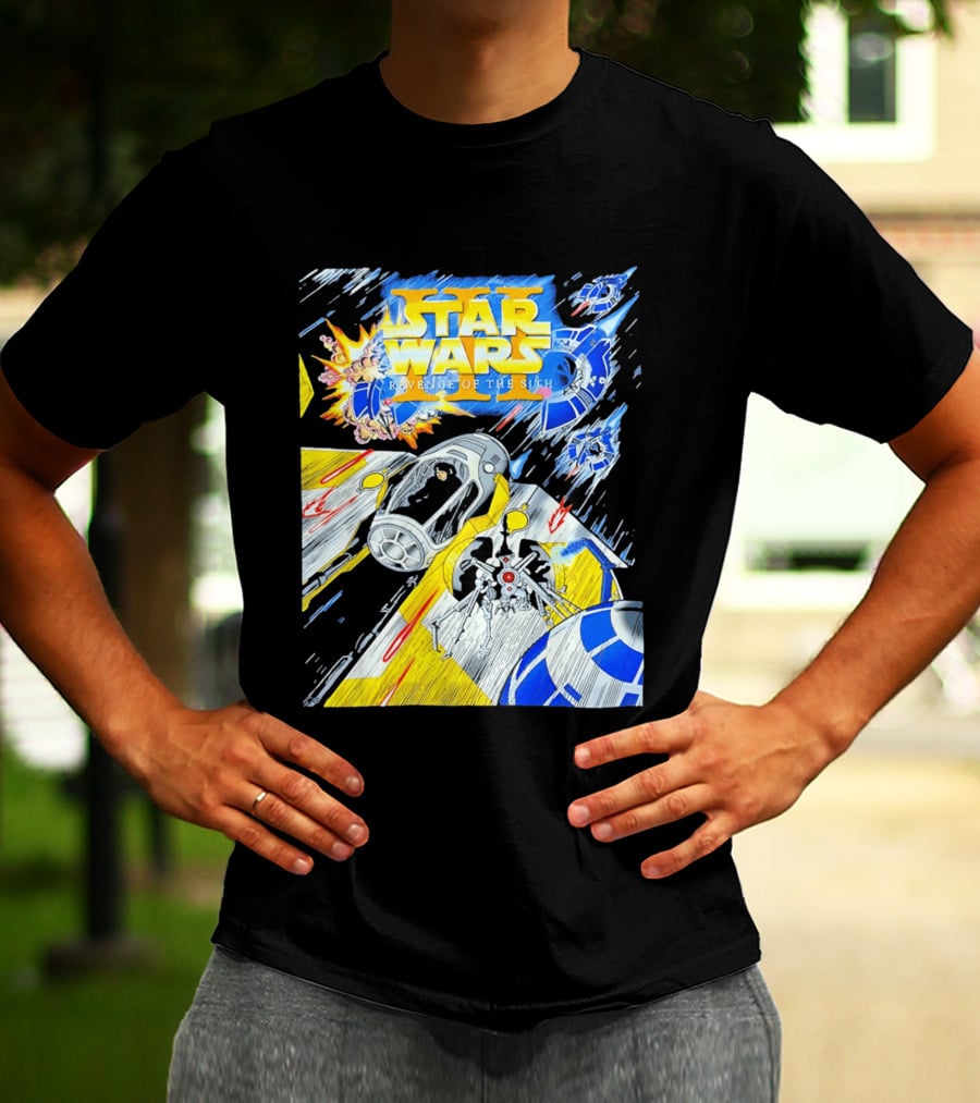 Star Wars Revenge Of The Sith Galactic Battle Artwork Featuring Anakin Skywalker And Iconic Droid Spaceships T-Shirt