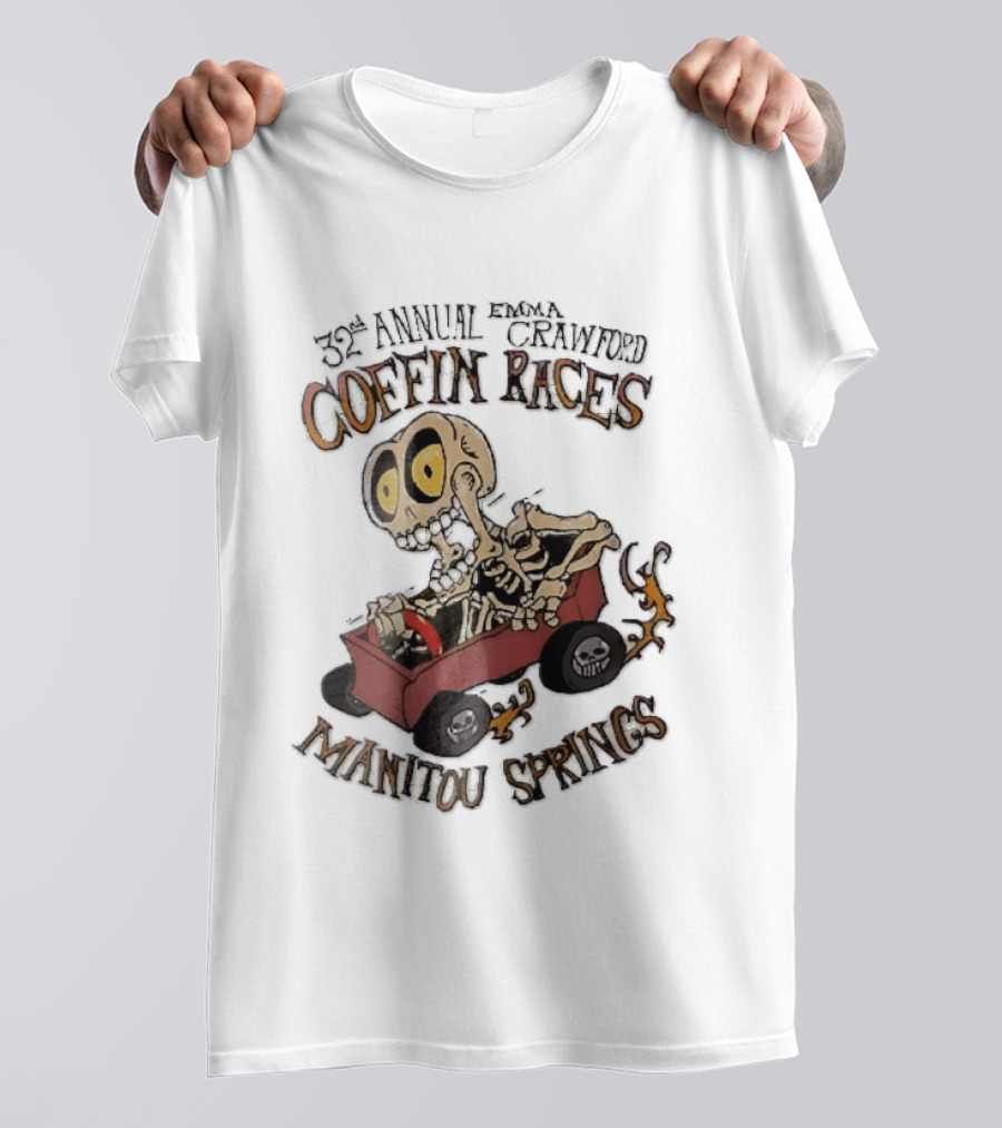 32nd Annual Emma Crawford Coffin Races Manitou Springs Cartoon Skeleton Racing Go Kart Flames T-Shirt
