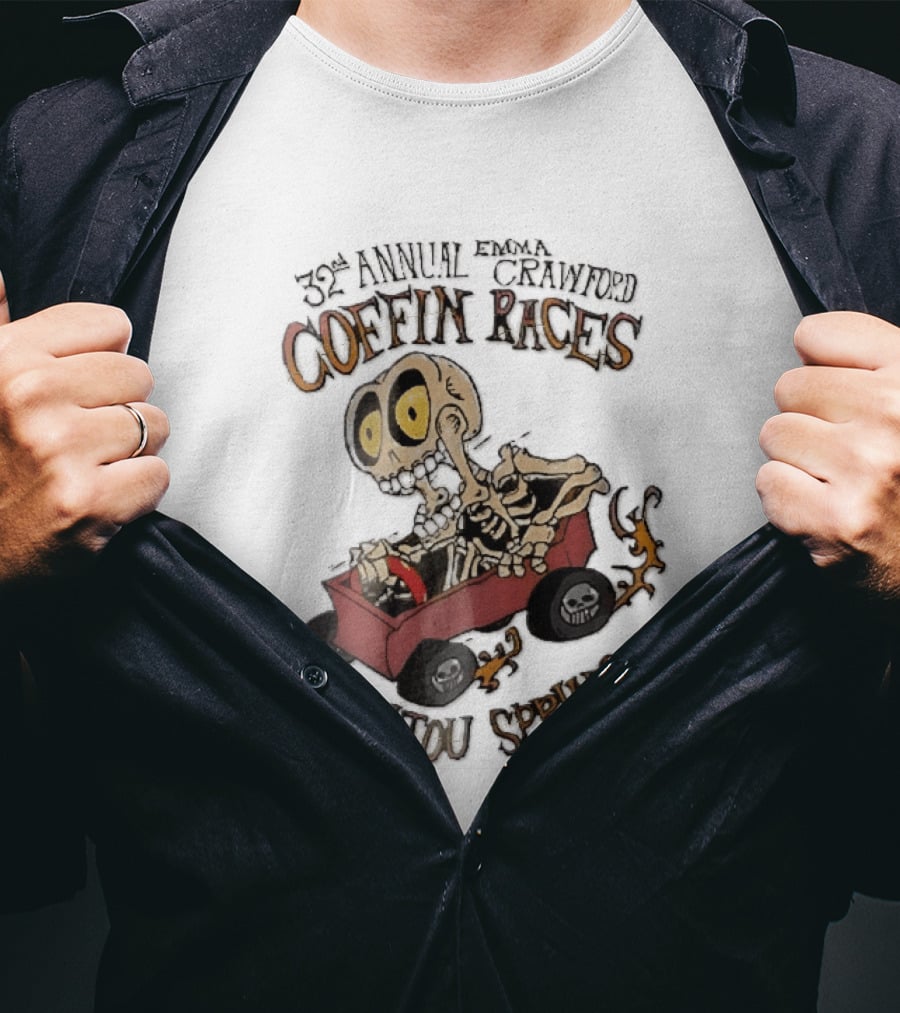 32nd Annual Emma Crawford Coffin Races Manitou Springs Cartoon Skeleton Racing Go Kart Flames T-Shirt