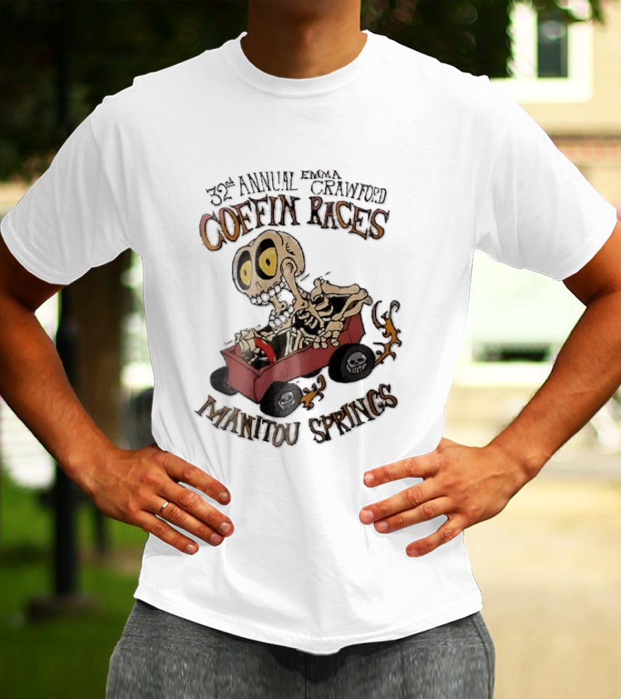32nd Annual Emma Crawford Coffin Races Manitou Springs Cartoon Skeleton Racing Go Kart Flames T-Shirt
