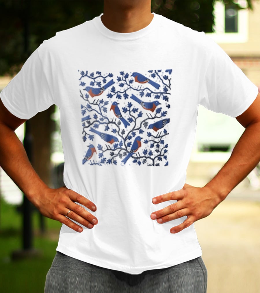 Eastern Bluebirds Perched On Flowering Tree Branches T-Shirt