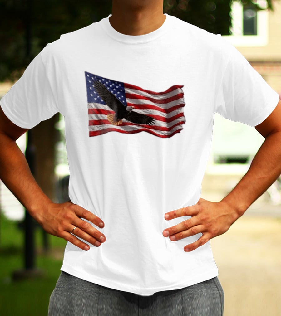 Bald Eagle Soaring Over Distressed American Flag Patriotic T-Shirt