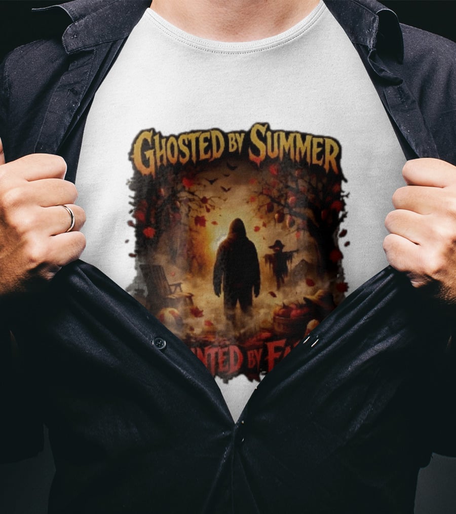 Ghosted By Summer Haunted By Fall Hooded Figure Autumn Orchard Scarecrow Pumpkins T-Shirt