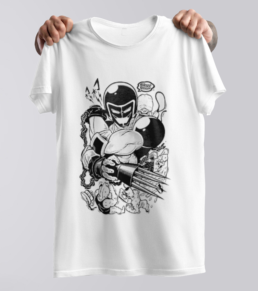 Grape Brain Masked Cyborg Wrestler Spiked Claws Chains Cartoon Line Drawing T-Shirt