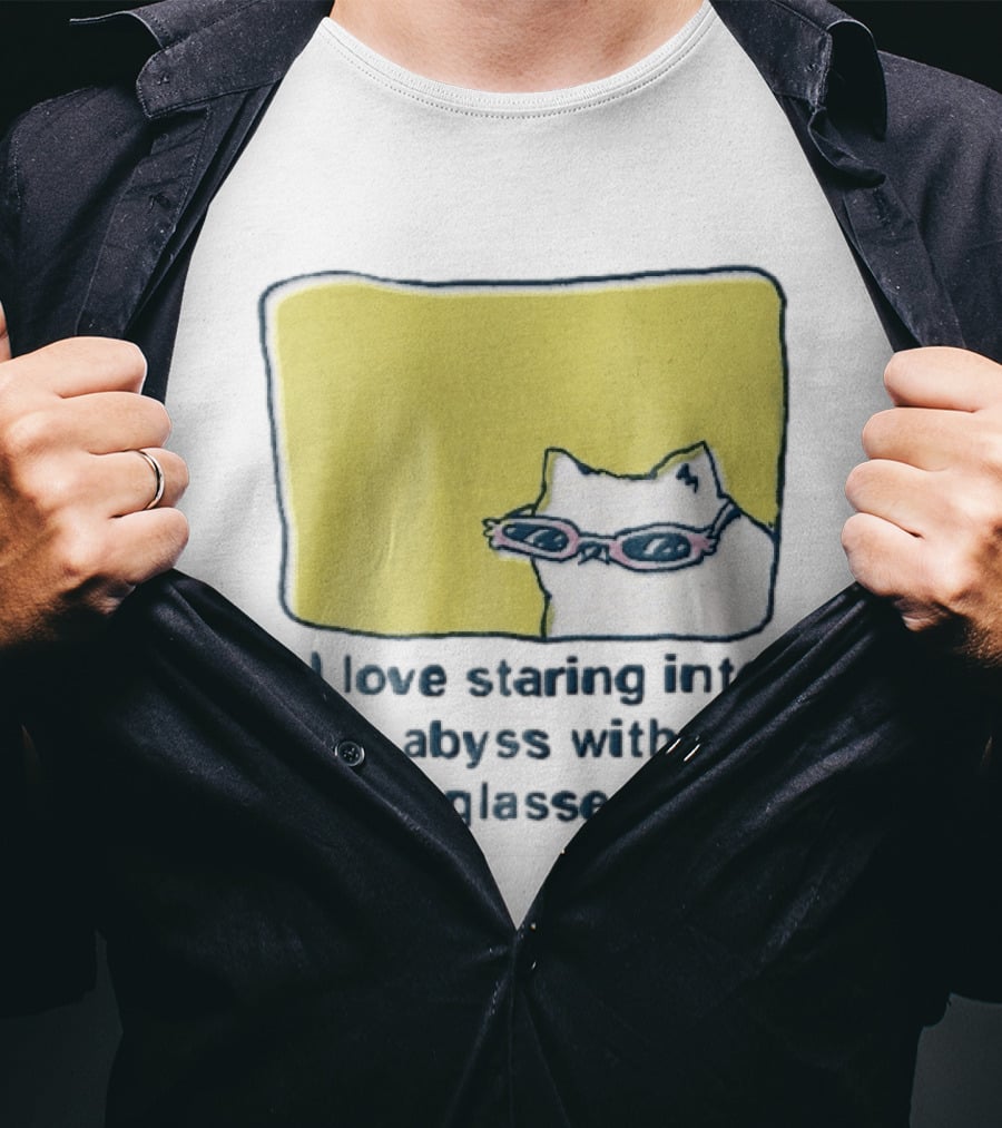 I Love Staring Into The Abyss With My Sunglasses On White Cat Pink Glasses Popcornpunk Cartoon T-Shirt