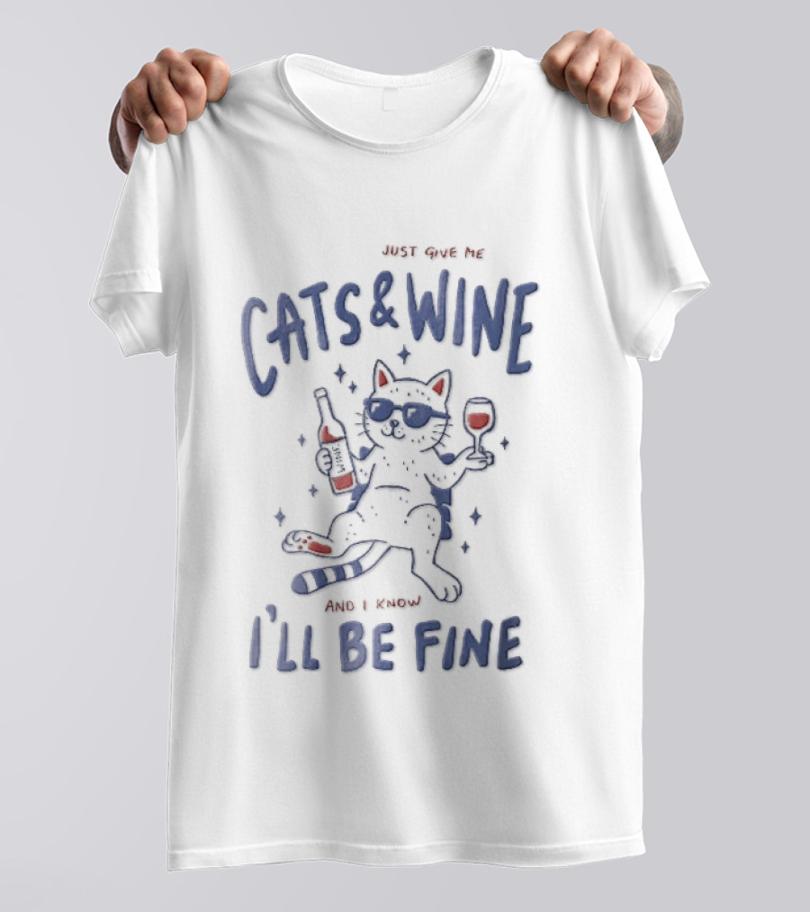 Just Give Me Cats And Wine I'll Be Fine Cartoon Feline Sunglasses Drink Bottle T-Shirt