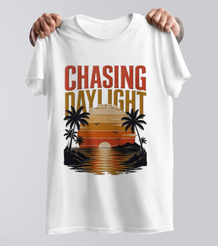 Chasing Daylight Tropical Beach Sunset Scene With Palms And Ocean Waves T-Shirt
