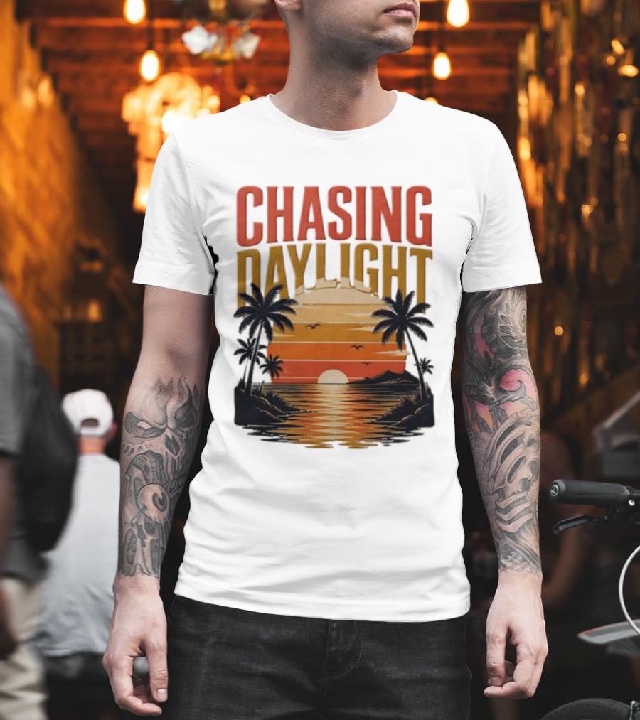 Chasing Daylight Tropical Beach Sunset Scene With Palms And Ocean Waves T-Shirt