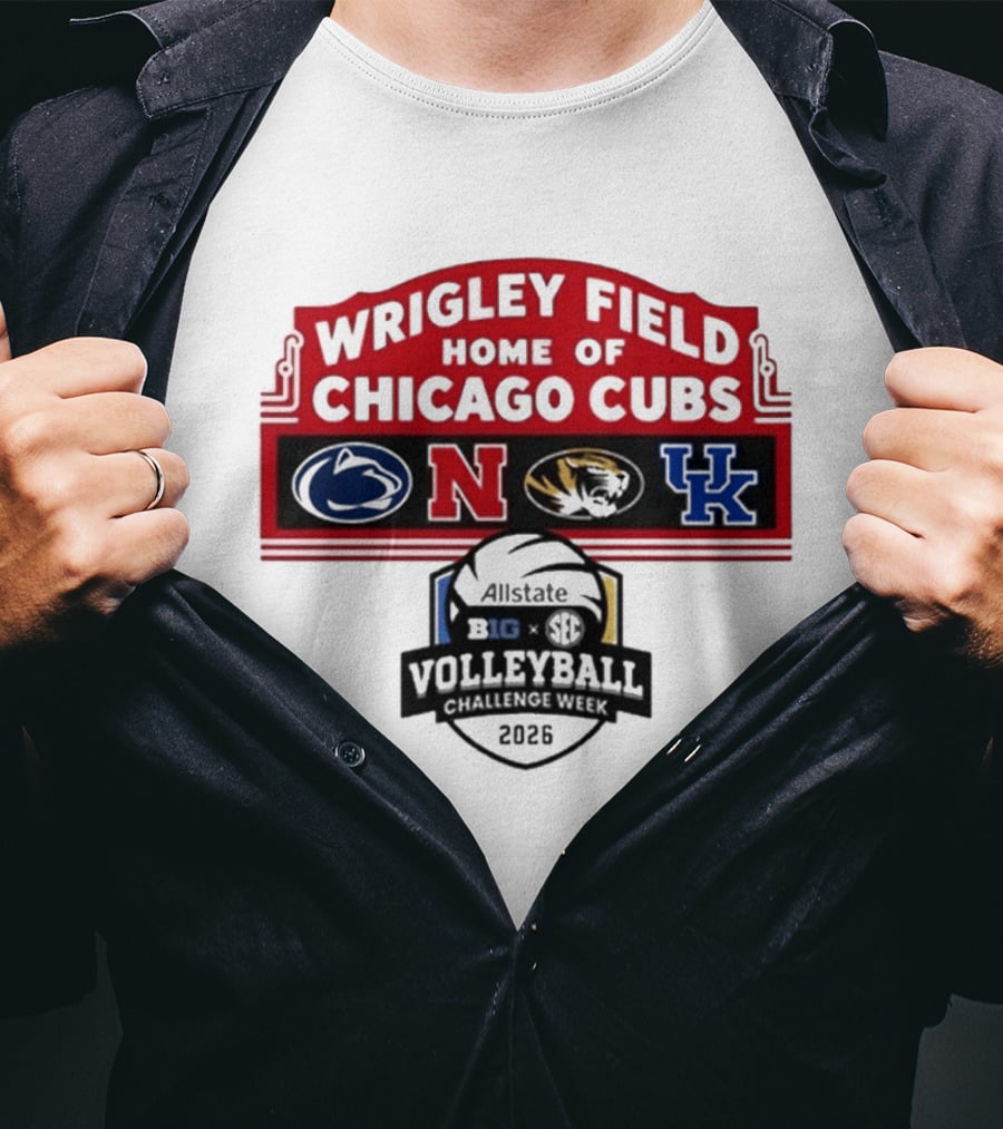 Wrigley Field Chicago Cubs Allstate 2026 Volleyball Challenge Week Penn State Nebraska Missouri Kentucky Logos T-Shirt