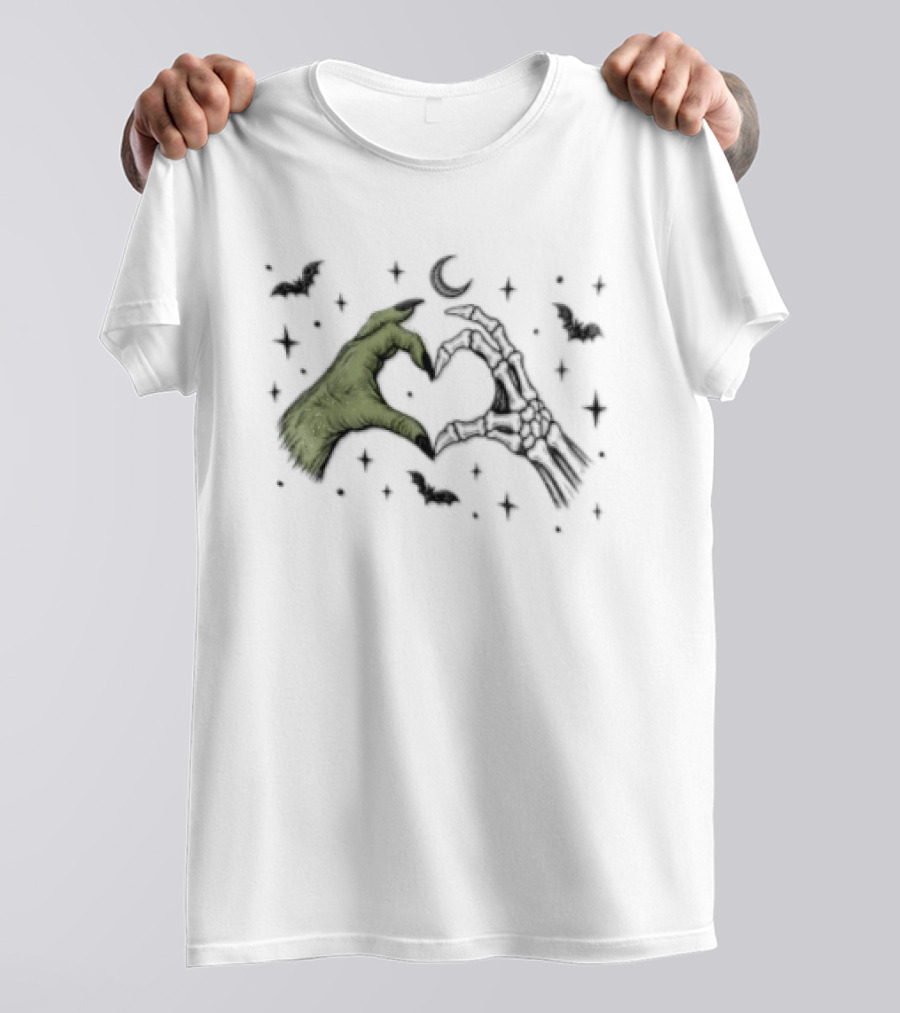 Witch Hand Skeleton Bone Heart Halloween Bats And Moon T-Shirt