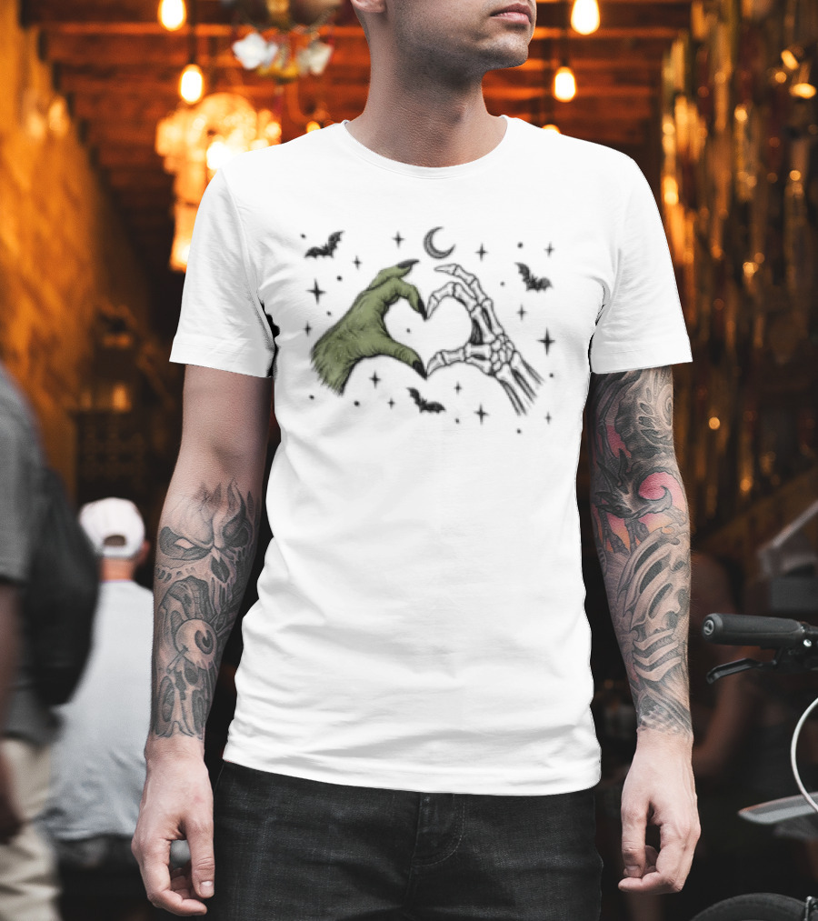 Witch Hand Skeleton Bone Heart Halloween Bats And Moon T-Shirt