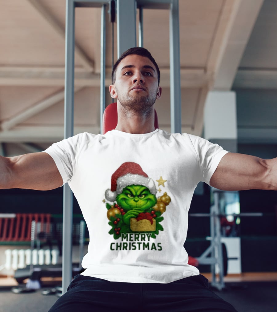 Merry Christmas Grinch Santa Claus Hat Gold Present Pine Branches T-Shirt