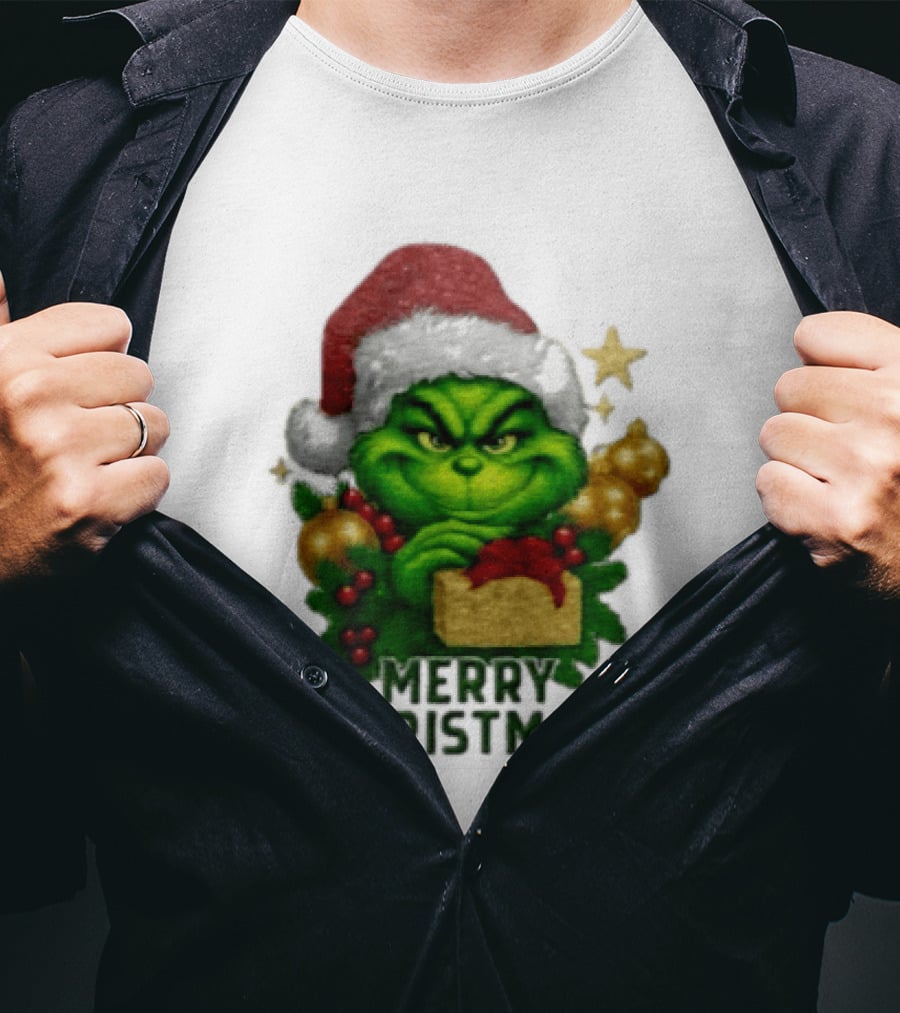 Merry Christmas Grinch Santa Claus Hat Gold Present Pine Branches T-Shirt