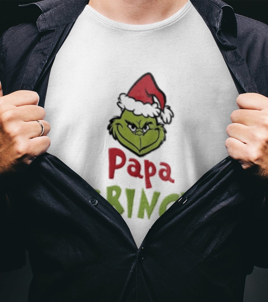 Papa Grinch Santa Claus Hat Green Face Cartoon T-Shirt