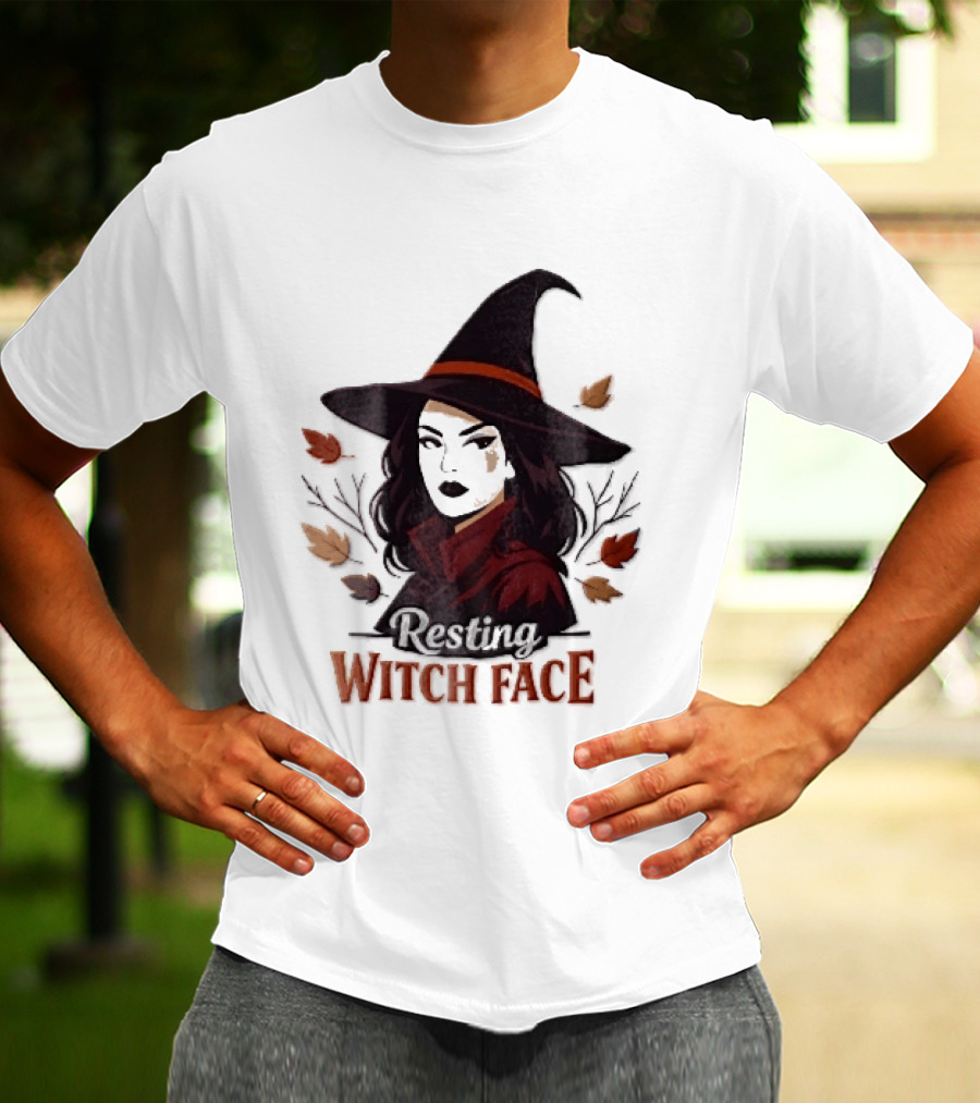 Resting Witch Face Dark Hair Woman Pointy Hat Autumn Leaves Halloween T-Shirt