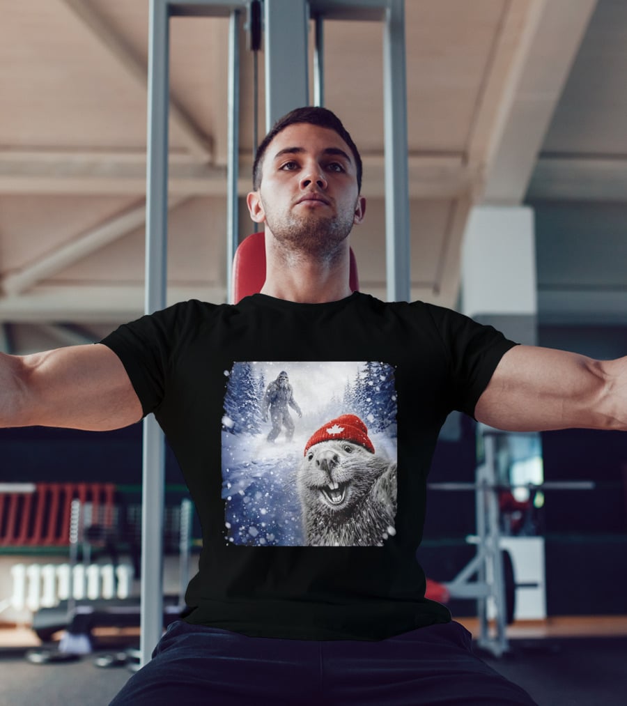 Beaver Selfie With Sasquatch In Snowy Canadian Forest T-Shirt