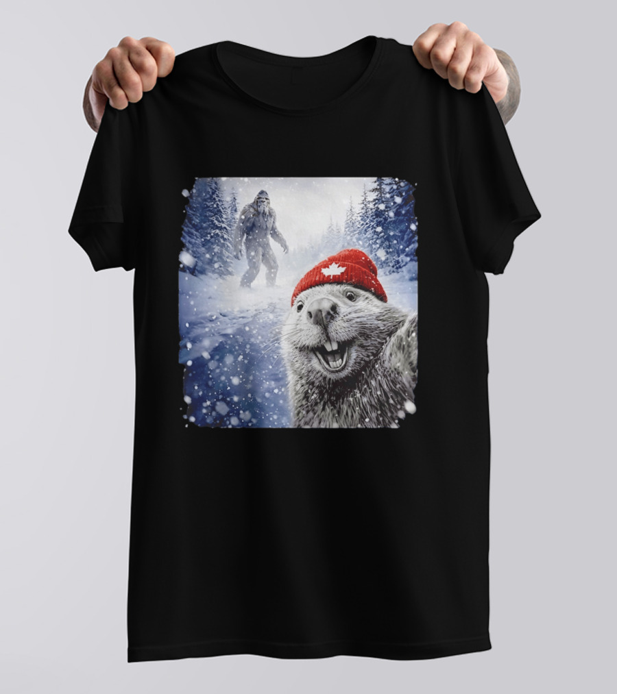 Beaver Selfie With Sasquatch In Snowy Canadian Forest T-Shirt