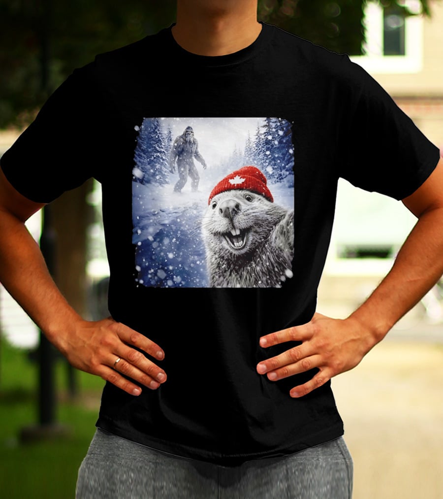 Beaver Selfie With Sasquatch In Snowy Canadian Forest T-Shirt