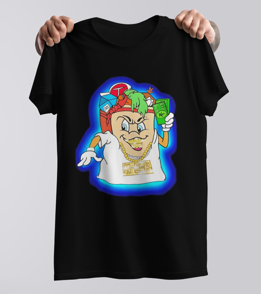 H E Buddy Bud Bucks Character Holding Bud Buck Bills And Wearing Gold Chain With Bling H E B T-Shirt