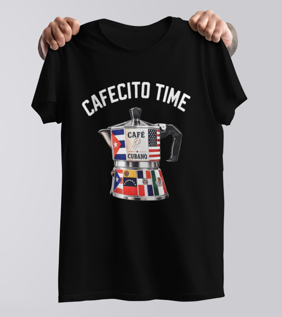 Cafecito Time Café Cubano Kike Hernandez Cuban Coffee Flag Motif T-Shirt