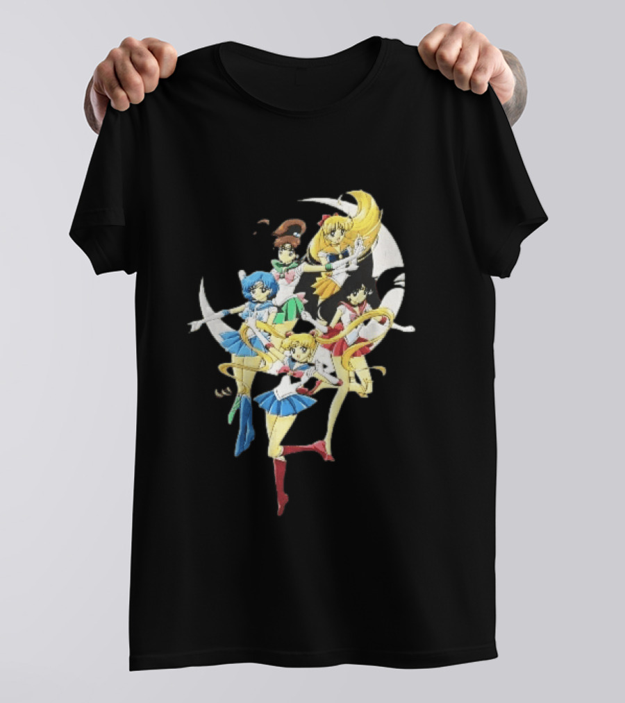 Sailor Moon Crescent Five Guardians Distressed Cartoon T-Shirt
