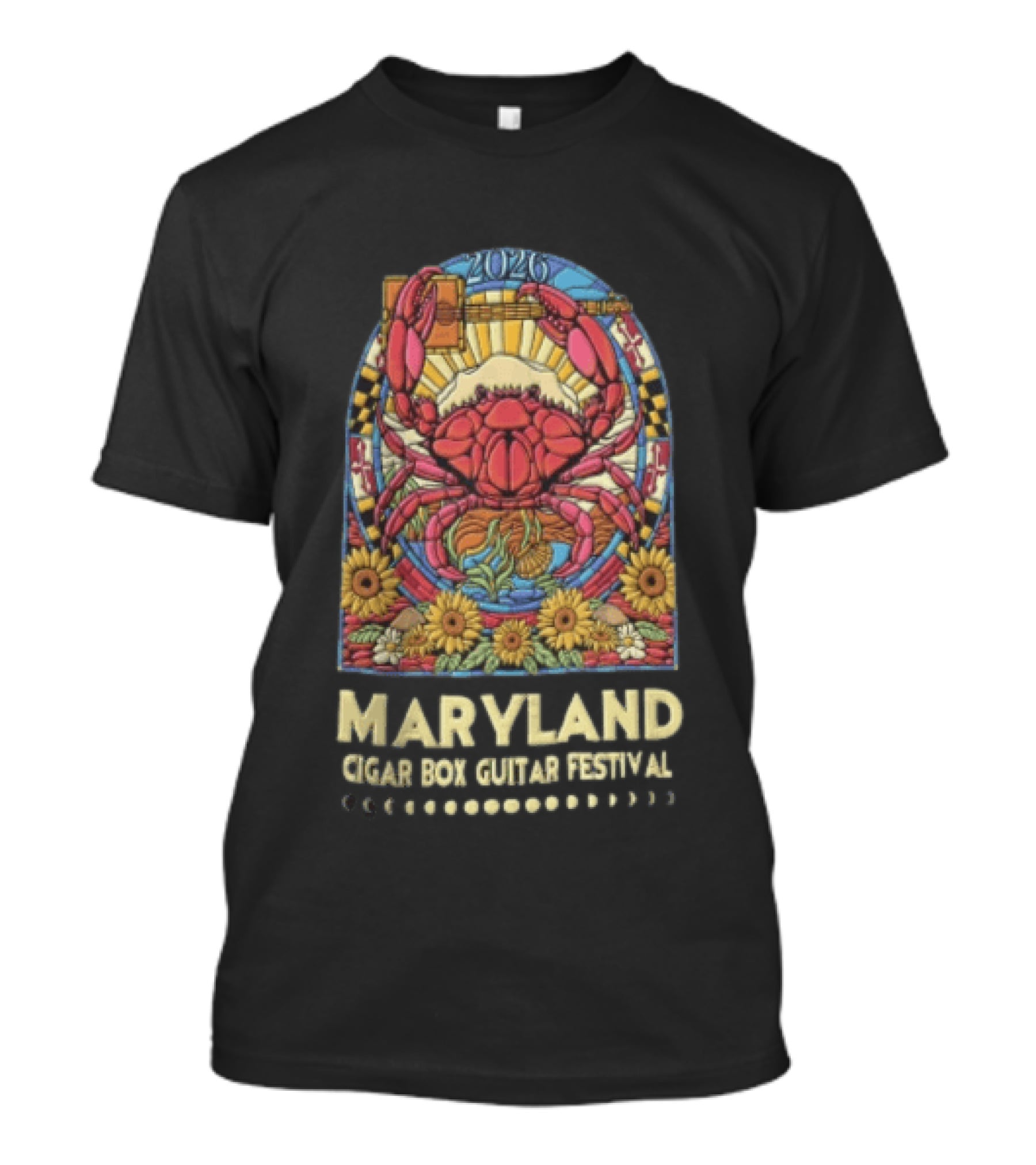 Maryland Cigar Box Guitar Festival 2026 Crab Stained Glass Sunflowers T-Shirt