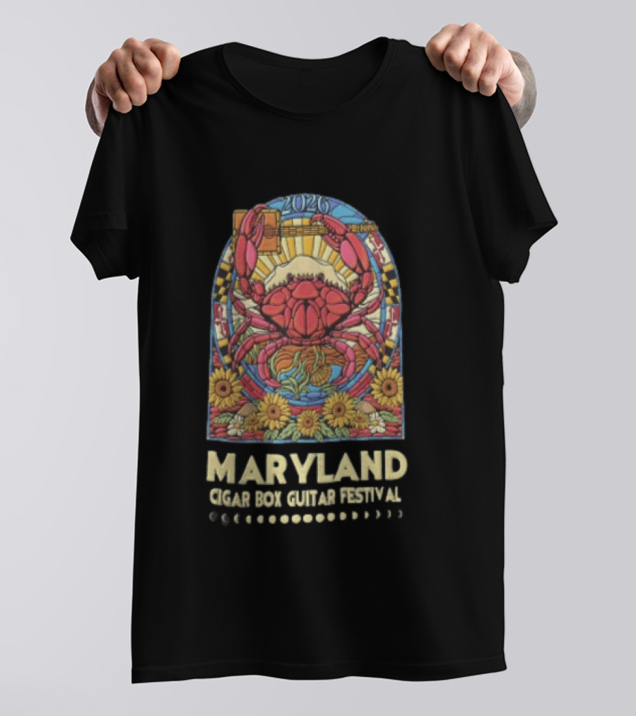 Maryland Cigar Box Guitar Festival 2026 Crab Stained Glass Sunflowers T-Shirt