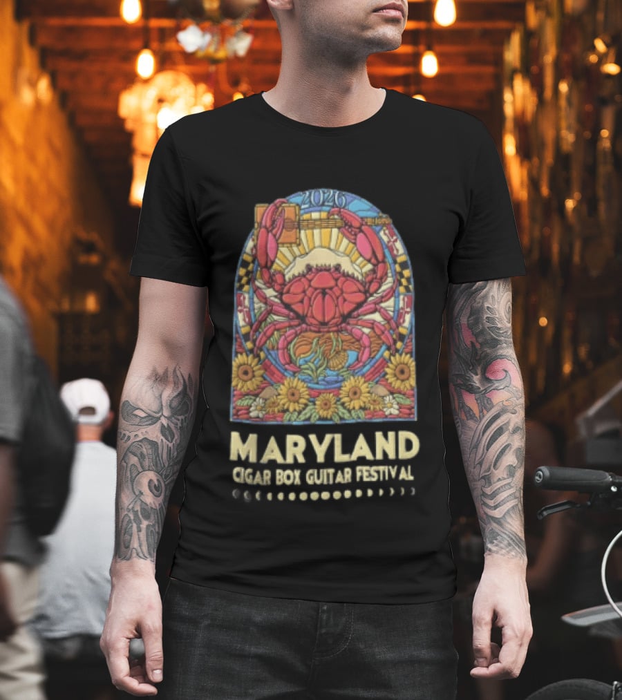 Maryland Cigar Box Guitar Festival 2026 Crab Stained Glass Sunflowers T-Shirt