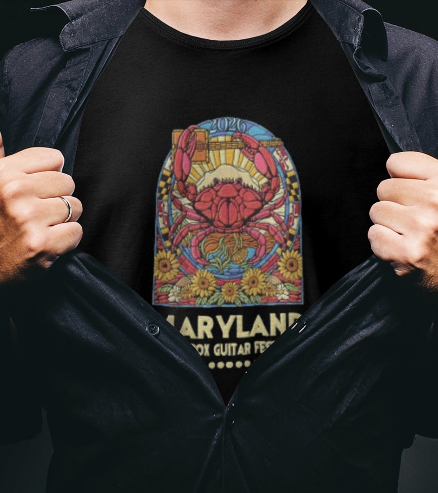 Maryland Cigar Box Guitar Festival 2026 Crab Stained Glass Sunflowers T-Shirt