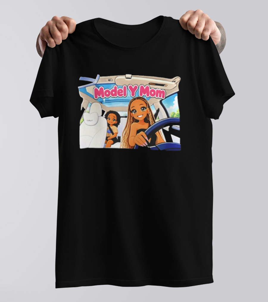 Model Y Mom Cartoon Driving Scene In Tesla T-Shirt