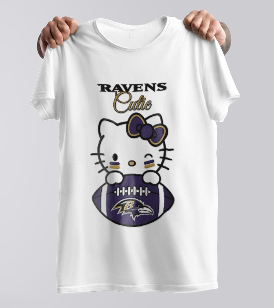 Ravens Cutie Hello Kitty Winking Holding Football T-Shirt