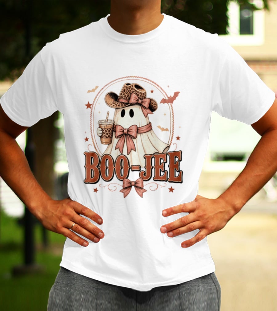 Boo Jee Leopard Cowboy Ghost Iced Coffee Halloween T-Shirt
