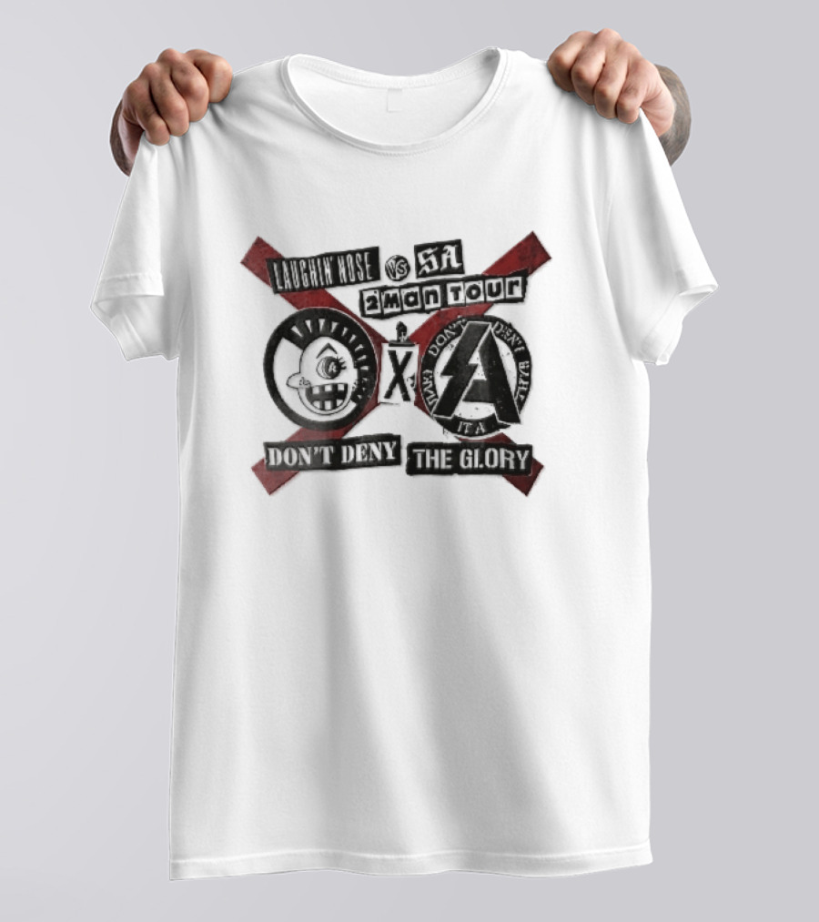 Laughin Nose SA Vs 2 Man Tour Don't Deny The Glory Punk Cartoon Face Red X Distressed Collage T-Shirt