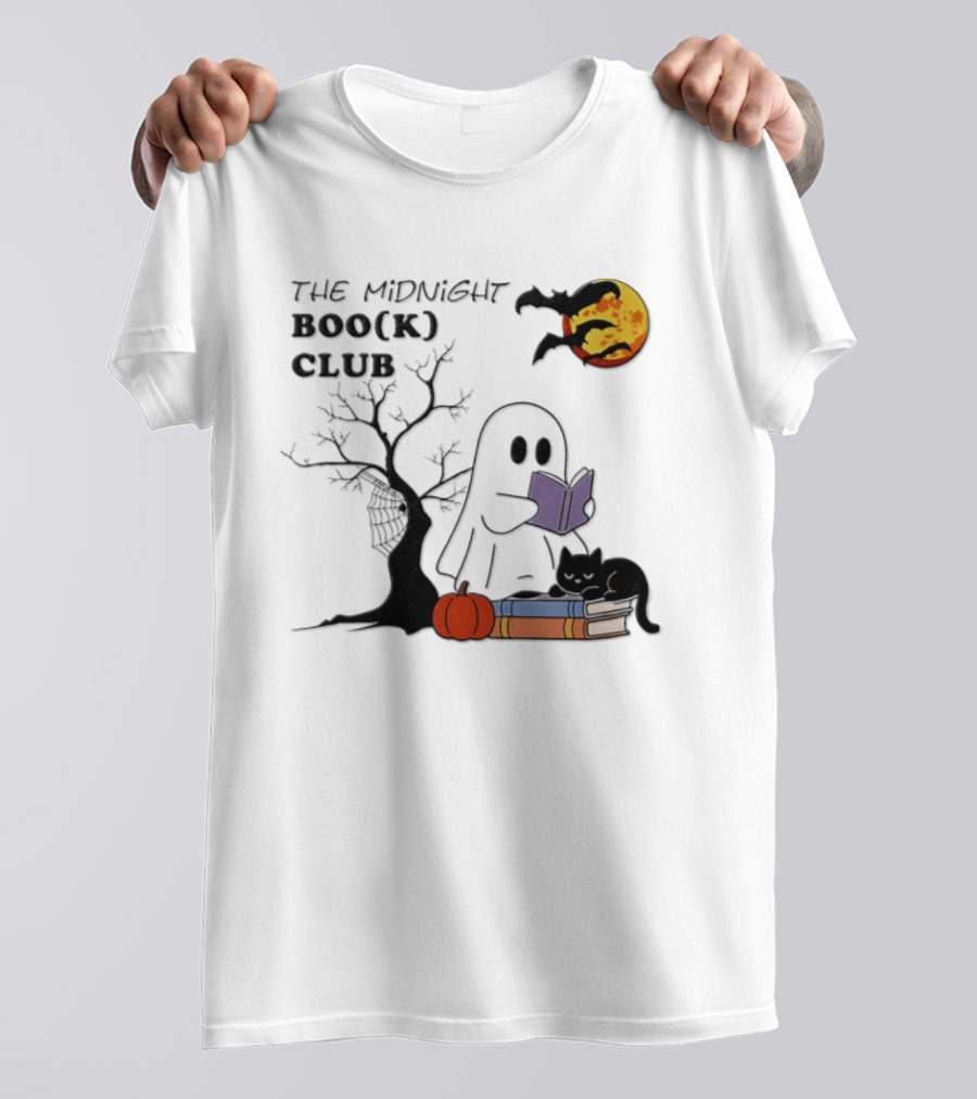 The Midnight Boo(k) Club Halloween Ghost Cat Pumpkin Moon T-Shirt