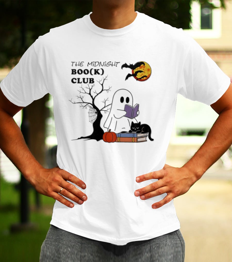 The Midnight Boo(k) Club Halloween Ghost Cat Pumpkin Moon T-Shirt