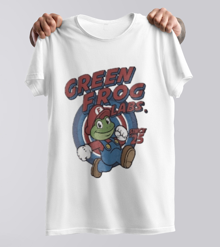 Green Frog Labs Since 25 Cartoon Running Red Cap Blue Overalls T-Shirt