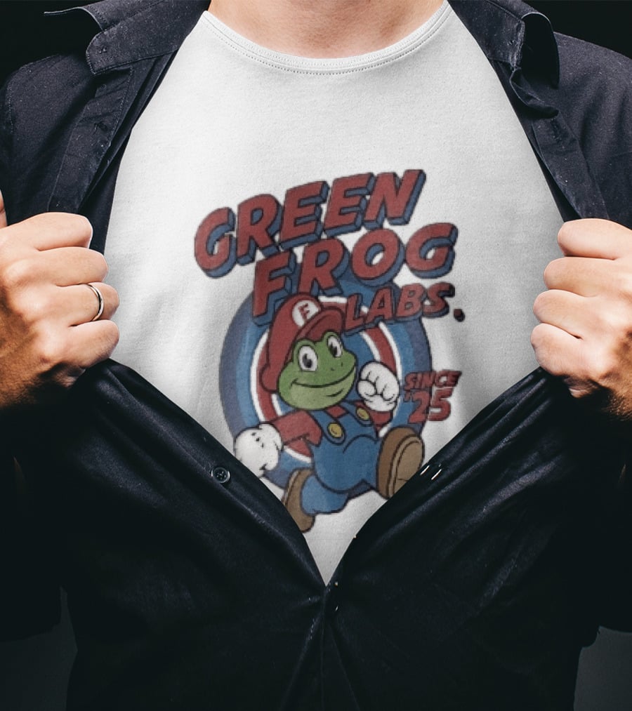 Green Frog Labs Since 25 Cartoon Running Red Cap Blue Overalls T-Shirt