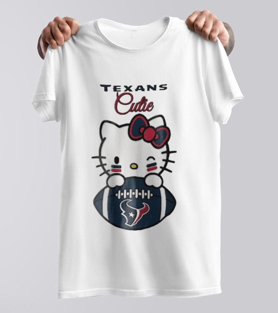 Texans Cutie Cartoon Cat Red Bow Winking Football T-Shirt