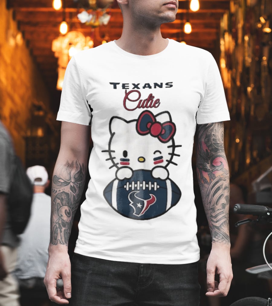 Texans Cutie Cartoon Cat Red Bow Winking Football T-Shirt