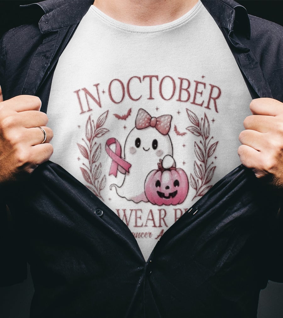 In October We Wear Pink Breast Cancer Awareness Ghost Bow Ribbon Pumpkin T-Shirt
